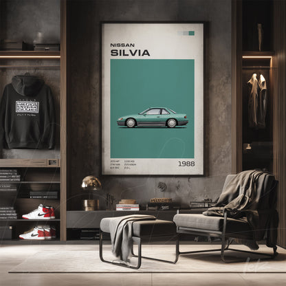 framed artwork featuring 1988 Nissan Silvia digital illustration on teal background with white frame