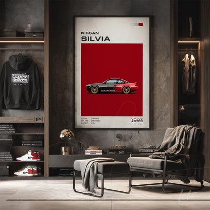 framed digital art of a red Nissan Silvia car displayed on a modern concrete wall with a light frame