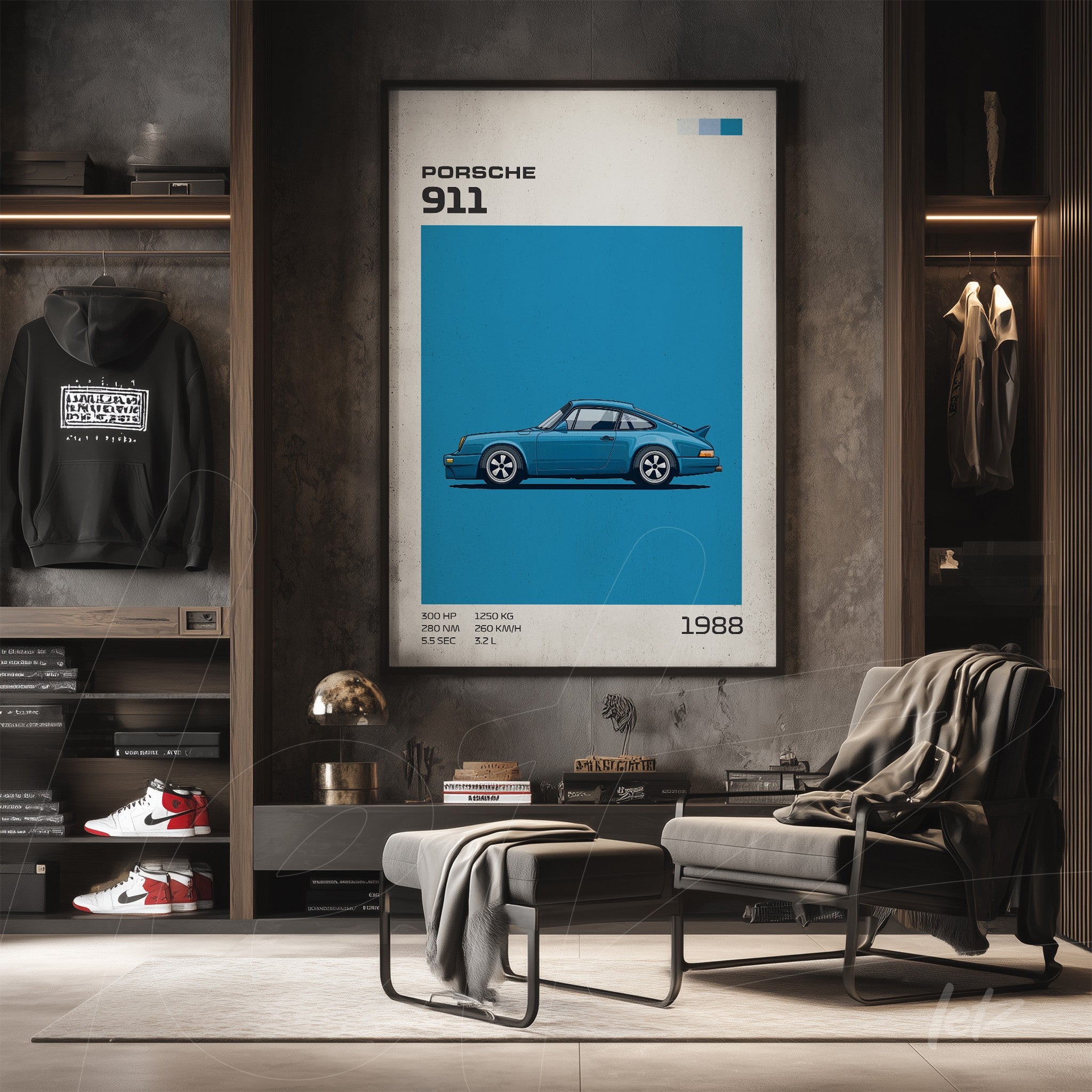 framed digital art of Porsche 911 on vibrant blue background in light frame displayed in a modern setting with wooden shelves and minimalist decor