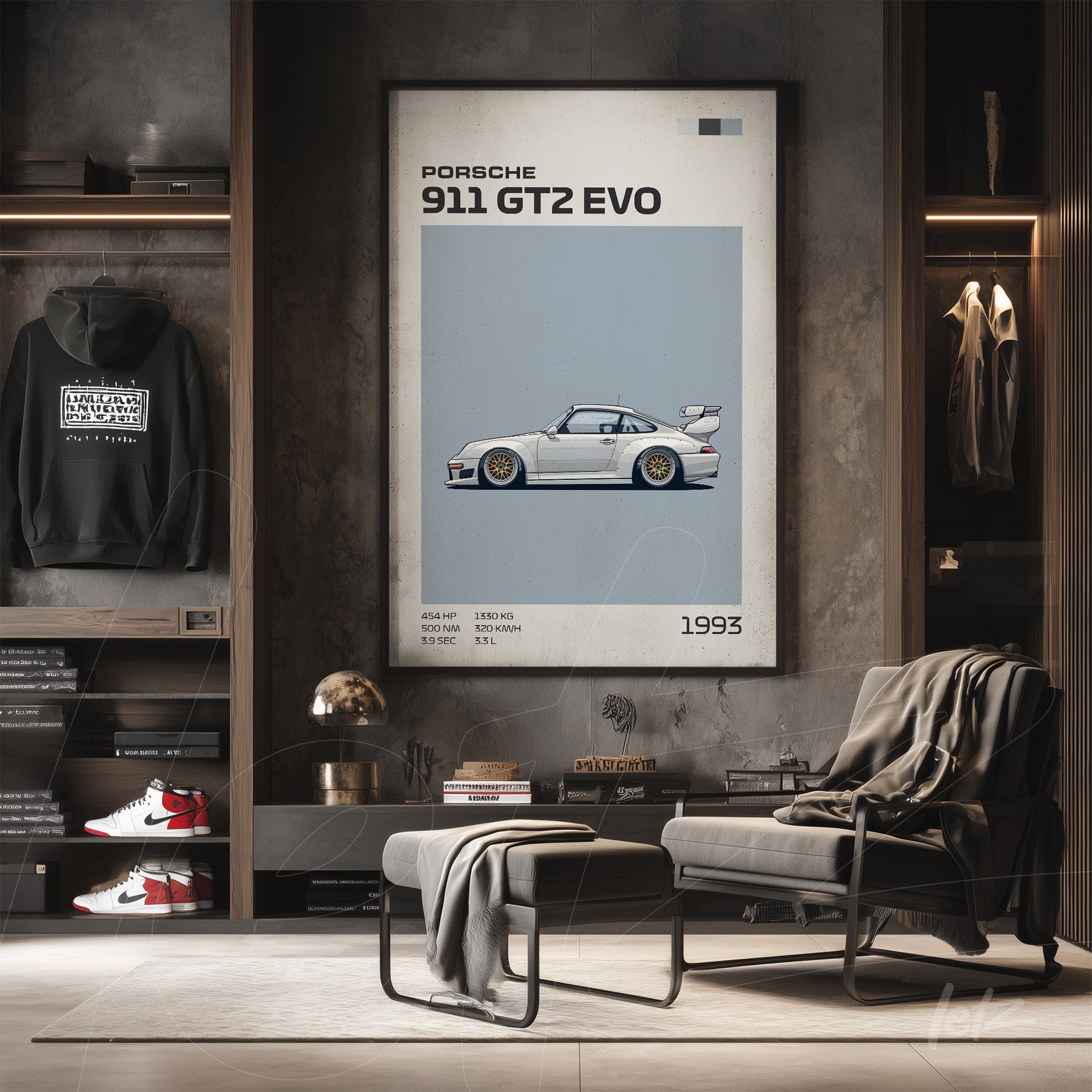 framed wall art featuring a minimalist illustration of the porsche 911 gt2 evo, displayed in a modern setting with wooden shelves and clothing in the background