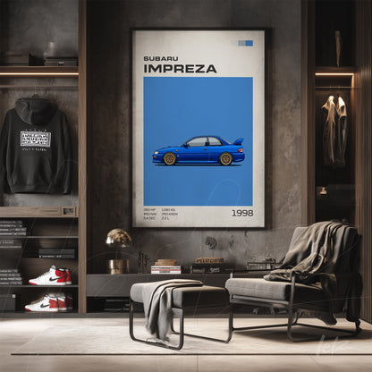 framed wall art featuring a blue Subaru Impreza with text details on a blue background