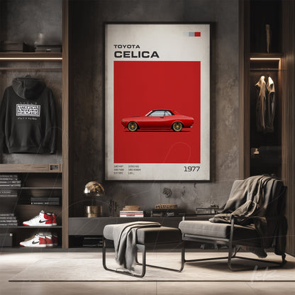 framed wall art of a 1977 Toyota Celica sports car with a vibrant red background