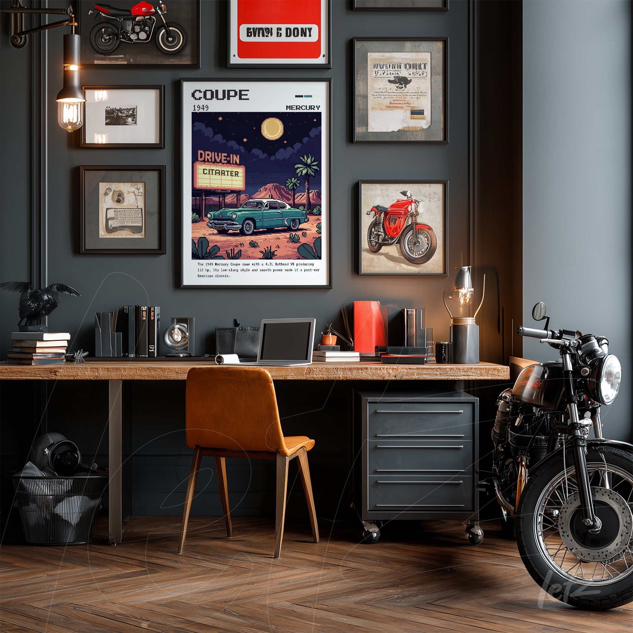 vintage wall art composition in gray featuring a 1939 Mercury car print, black frame, and industrial style decor including a wooden desk and motorcycle
