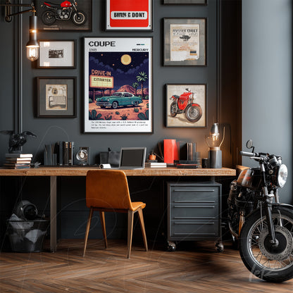 vintage wall art composition in gray featuring a 1939 Mercury car print, black frame, and industrial style decor including a wooden desk and motorcycle
