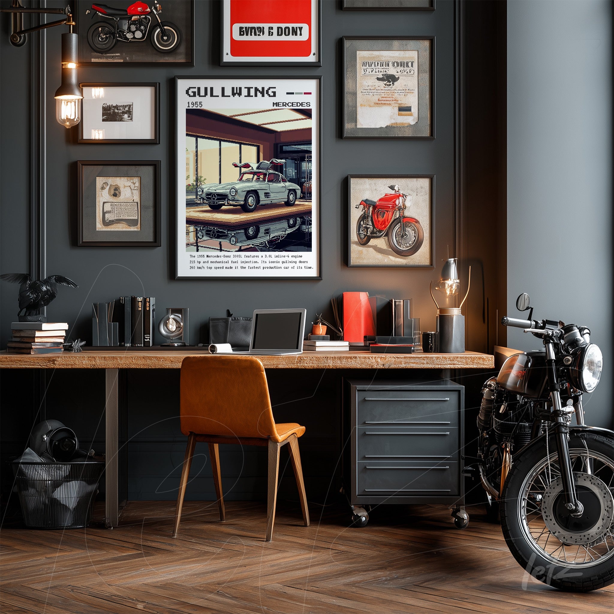 a collection of automotive-themed wall art in a gray setting, featuring a classic Mercedes Gullwing and motorcycles, with a wooden desk and orange chair in a stylish office space