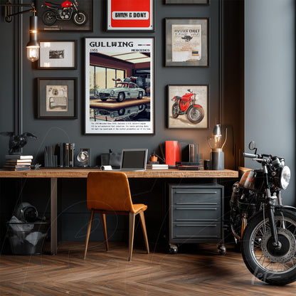 a collection of automotive-themed wall art in a gray setting, featuring a classic Mercedes Gullwing and motorcycles, with a wooden desk and orange chair in a stylish office space