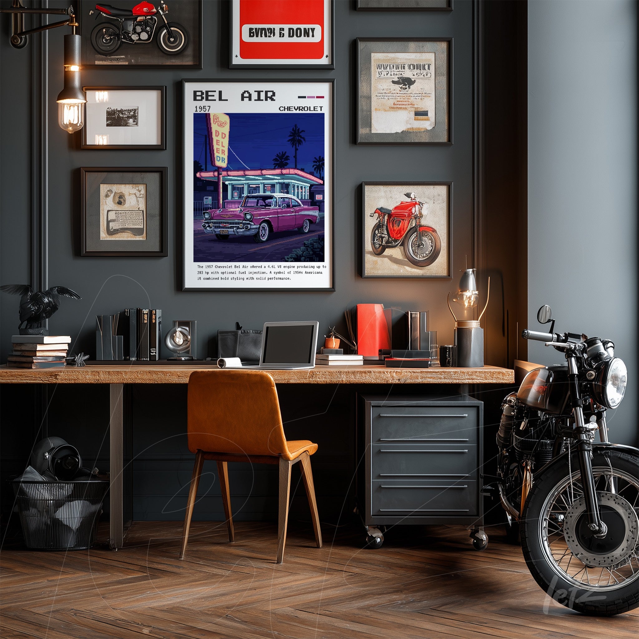 vintage illustration of 1957 Chevrolet Bel Air framed in black, displayed on gray wall adorned with motorcycle decor and retro objects
