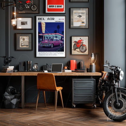 vintage illustration of 1957 Chevrolet Bel Air framed in black, displayed on gray wall adorned with motorcycle decor and retro objects