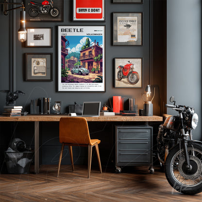 retro wall art composition with illustration of Volkswagen Beetle as the centerpiece, displayed near a wooden desk and a vintage motorcycle