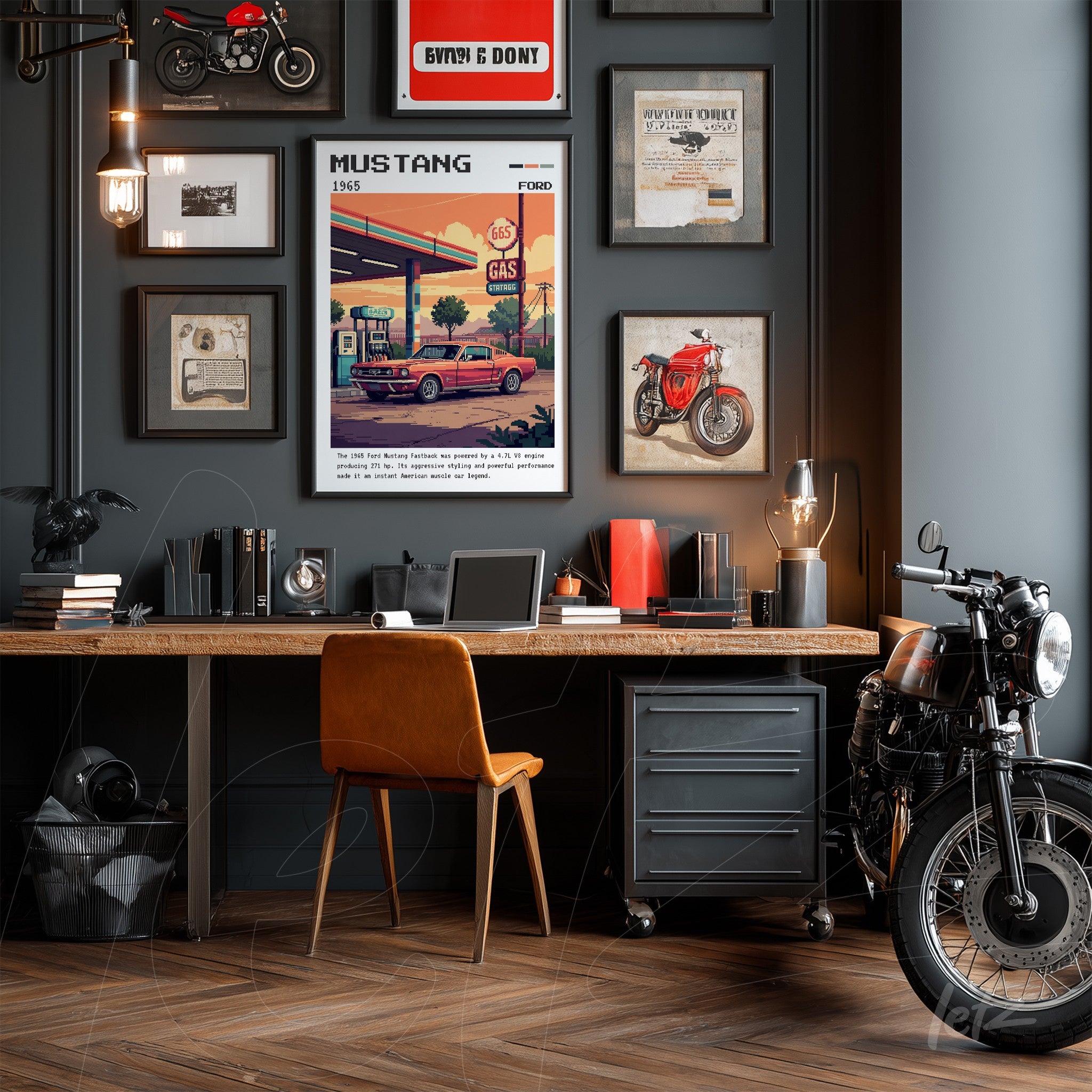 framed vintage art of 1965 mustang displayed on dark wood wall decorated with motorcycle items and automotive-themed prints