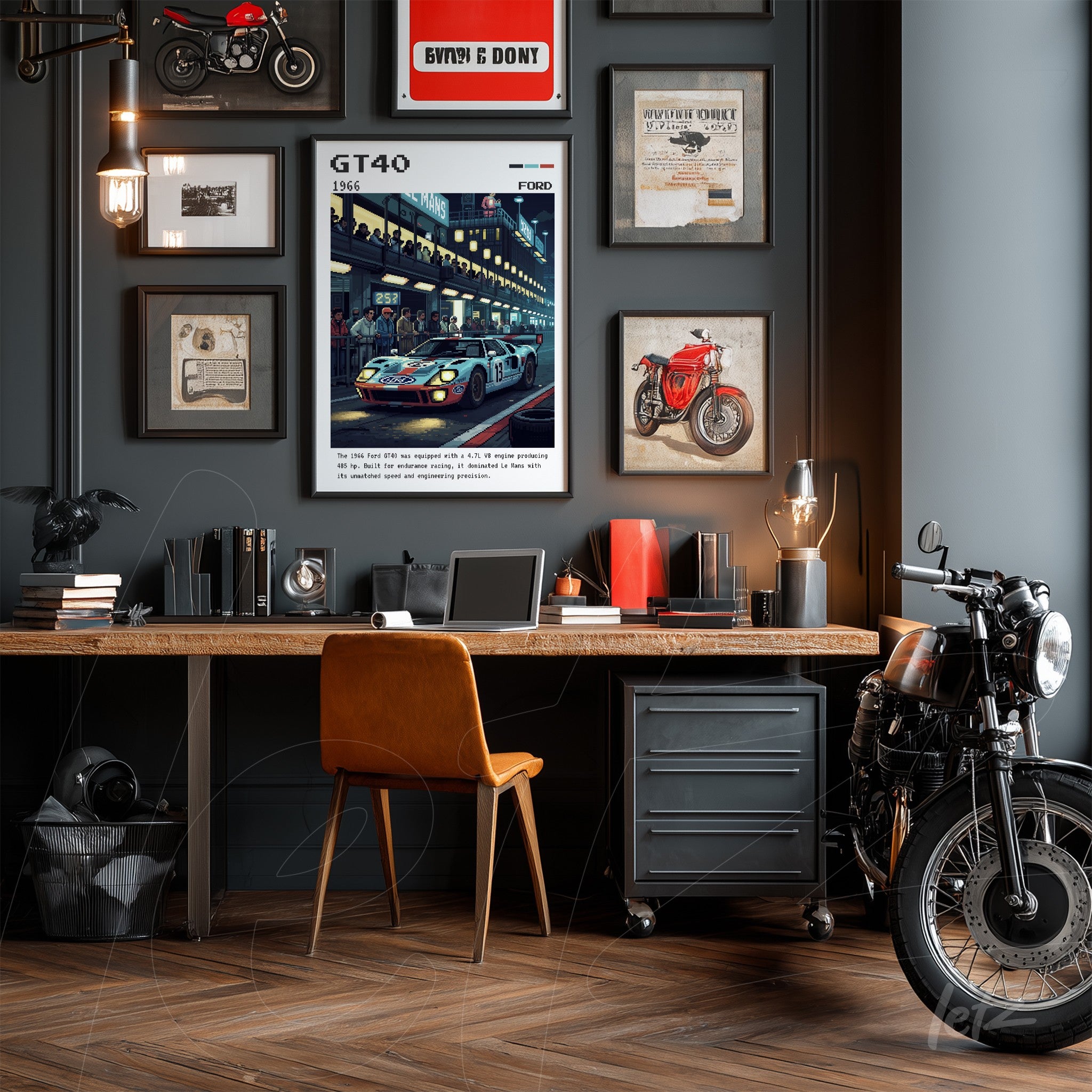 composition of framed wall art featuring ford gt40 alongside vintage decor pieces in a stylish office with a motorcycle