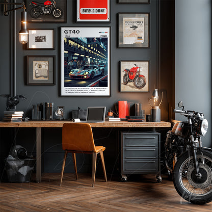 composition of framed wall art featuring ford gt40 alongside vintage decor pieces in a stylish office with a motorcycle