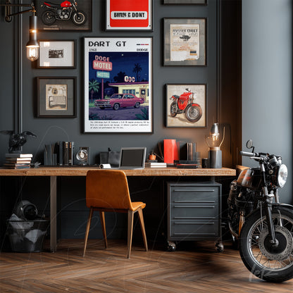 gallery wall with gray background featuring a framed artwork of a 1966 Dart GT car in black frame, wooden desk with leather chair and motorcycle alongside