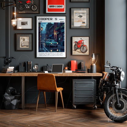 collection of framed vintage wall art featuring classic car and motorcycle themes above a dark wooden desk in an office setting