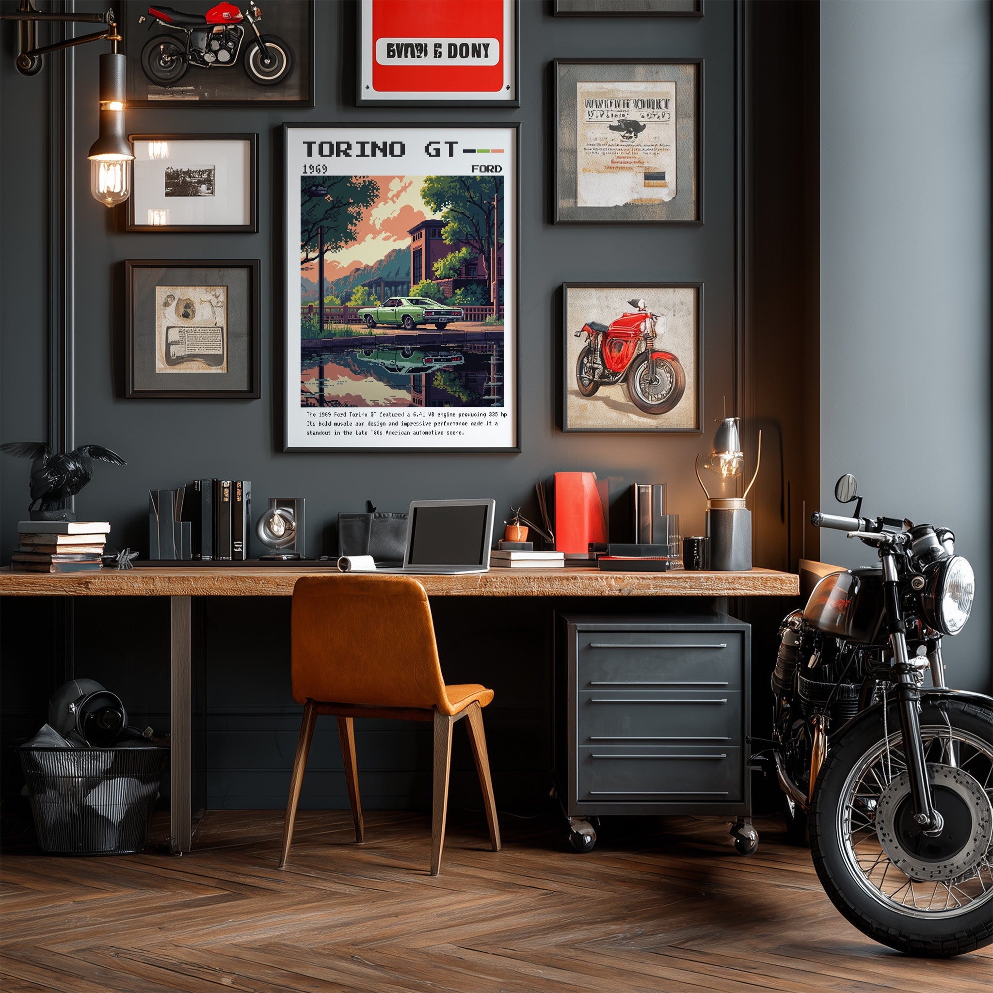 framed retro artwork of Torino GT car on dark frame displayed on gray wall with shelves containing decorative items and motorcycles