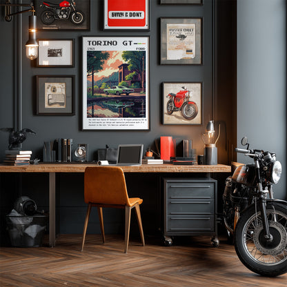 framed retro artwork of Torino GT car on dark frame displayed on gray wall with shelves containing decorative items and motorcycles