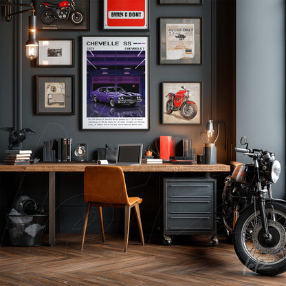 modern office space featuring a wooden desk with leather chair, vintage decor including framed art of a Chevrolet Chevelle SS 1970 on dark wall