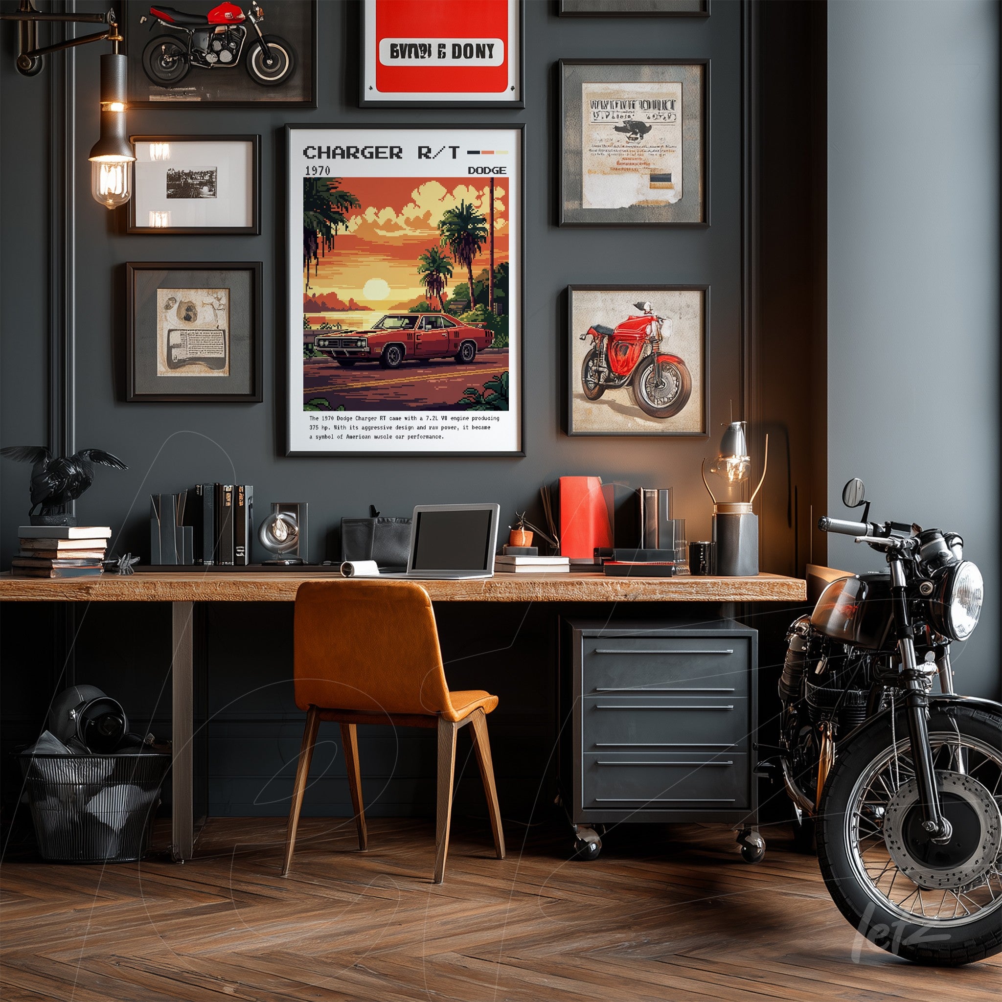 framed retro art featuring a dodge charger r/t 1970 illustration displayed on a gray wall with automotive theme