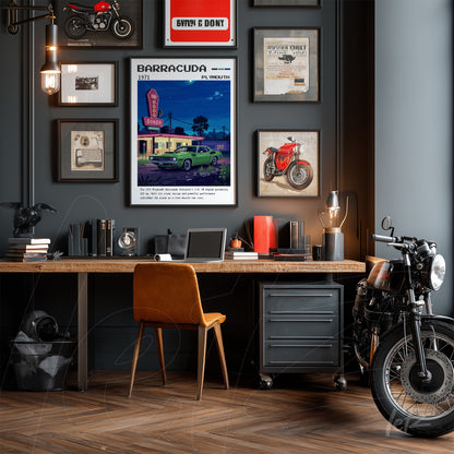 framed vintage motorcycle art piece on a gray wall, complemented by industrial design items and a vintage motorcycle prominently displayed
