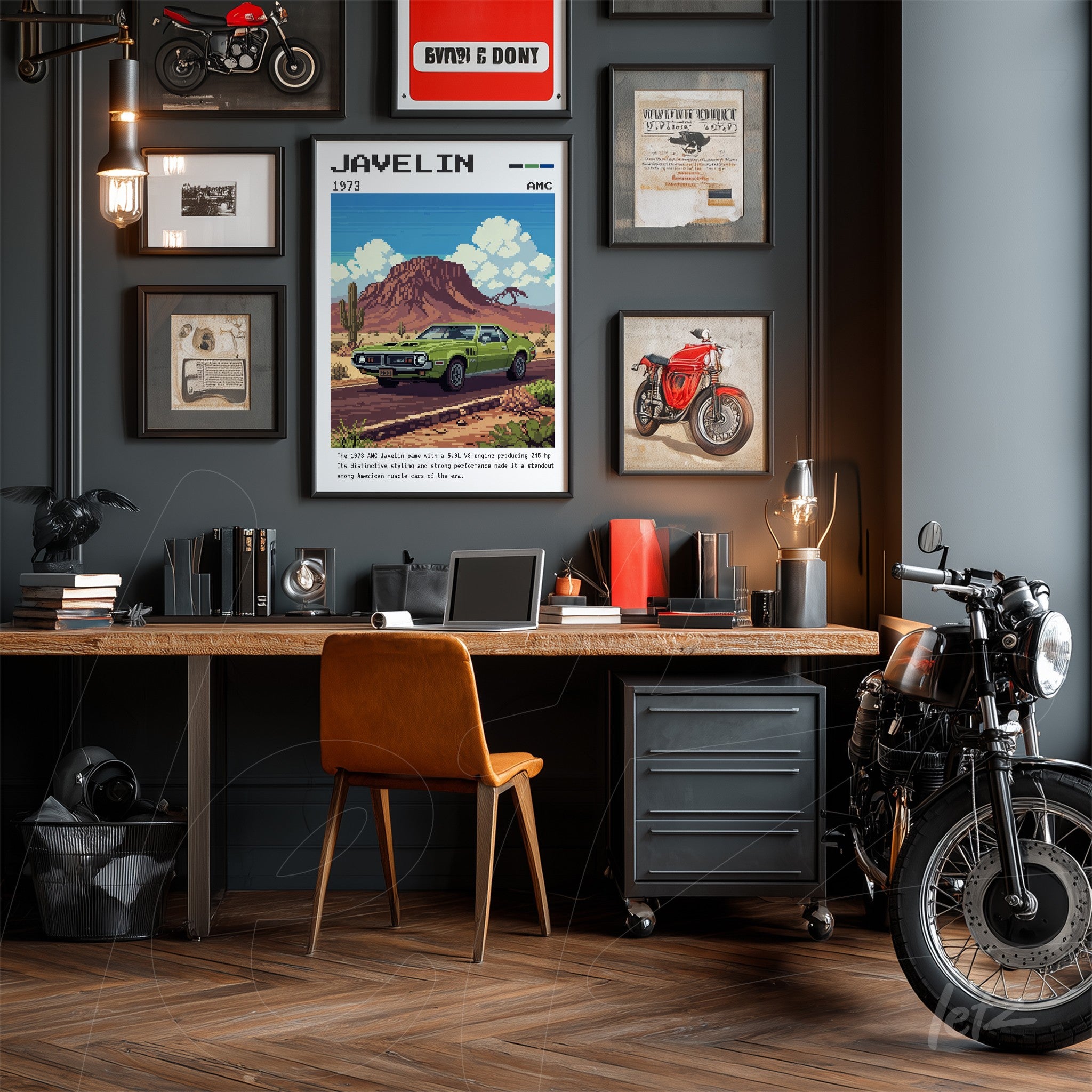 framed artwork featuring vintage javelin car illustration on a black framed wall, surrounded by motorcycle photos and memorabilia