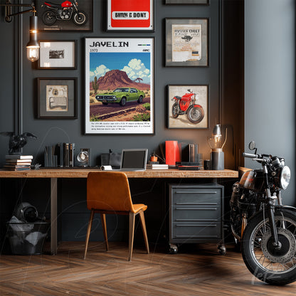 framed artwork featuring vintage javelin car illustration on a black framed wall, surrounded by motorcycle photos and memorabilia