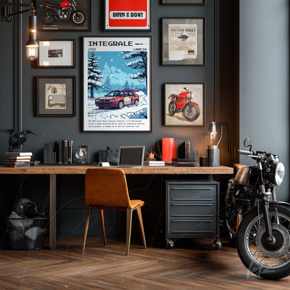 framed poster of Lancia Delta Integrale car surrounded by vintage collectibles on a gray wall