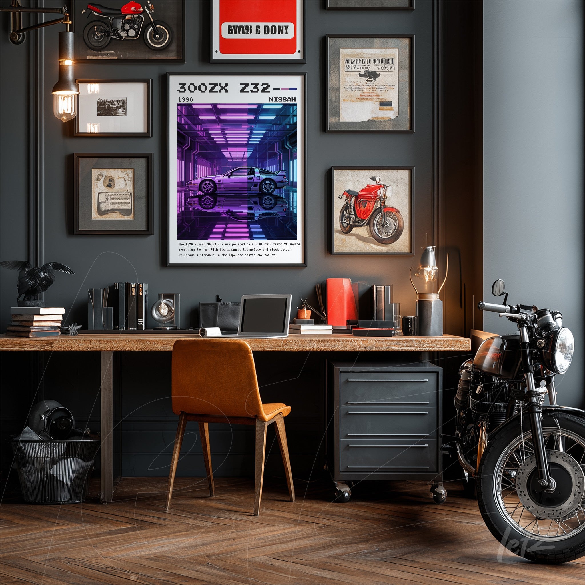 composition of framed wall art featuring retro car and motorcycle illustrations on gray wall, highlighting a central print of a Nissan 300ZX in neon colors