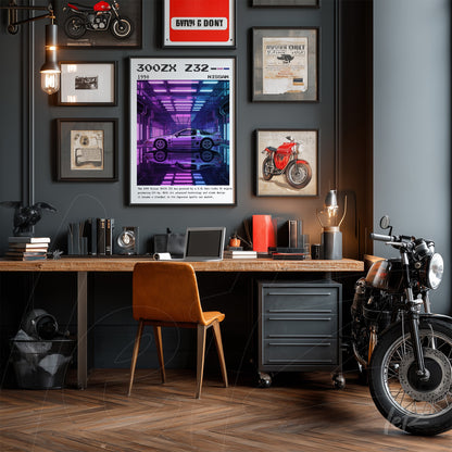 composition of framed wall art featuring retro car and motorcycle illustrations on gray wall, highlighting a central print of a Nissan 300ZX in neon colors