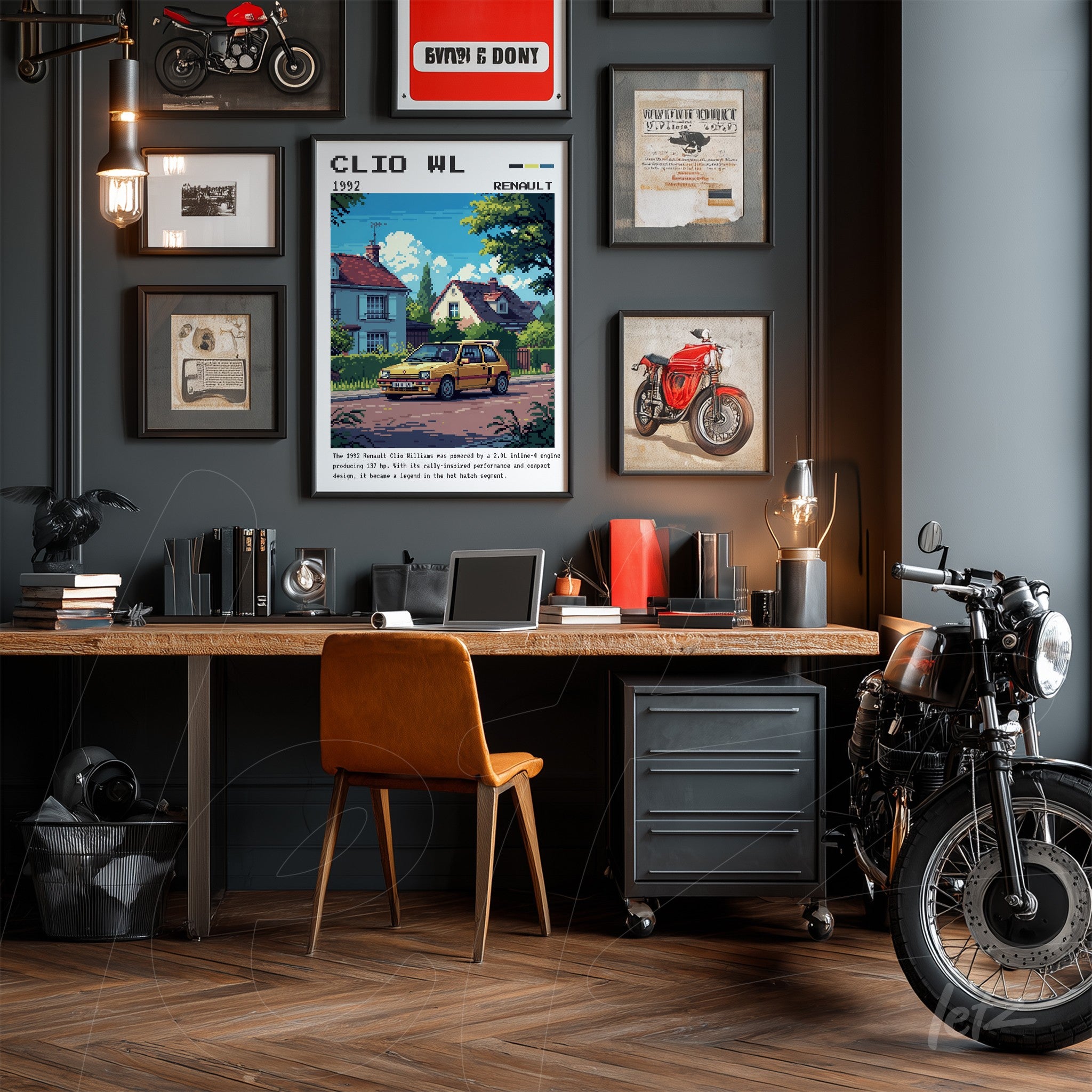 framed retro art of classic car on gray wall, decorated with motorcycle items and various frames
