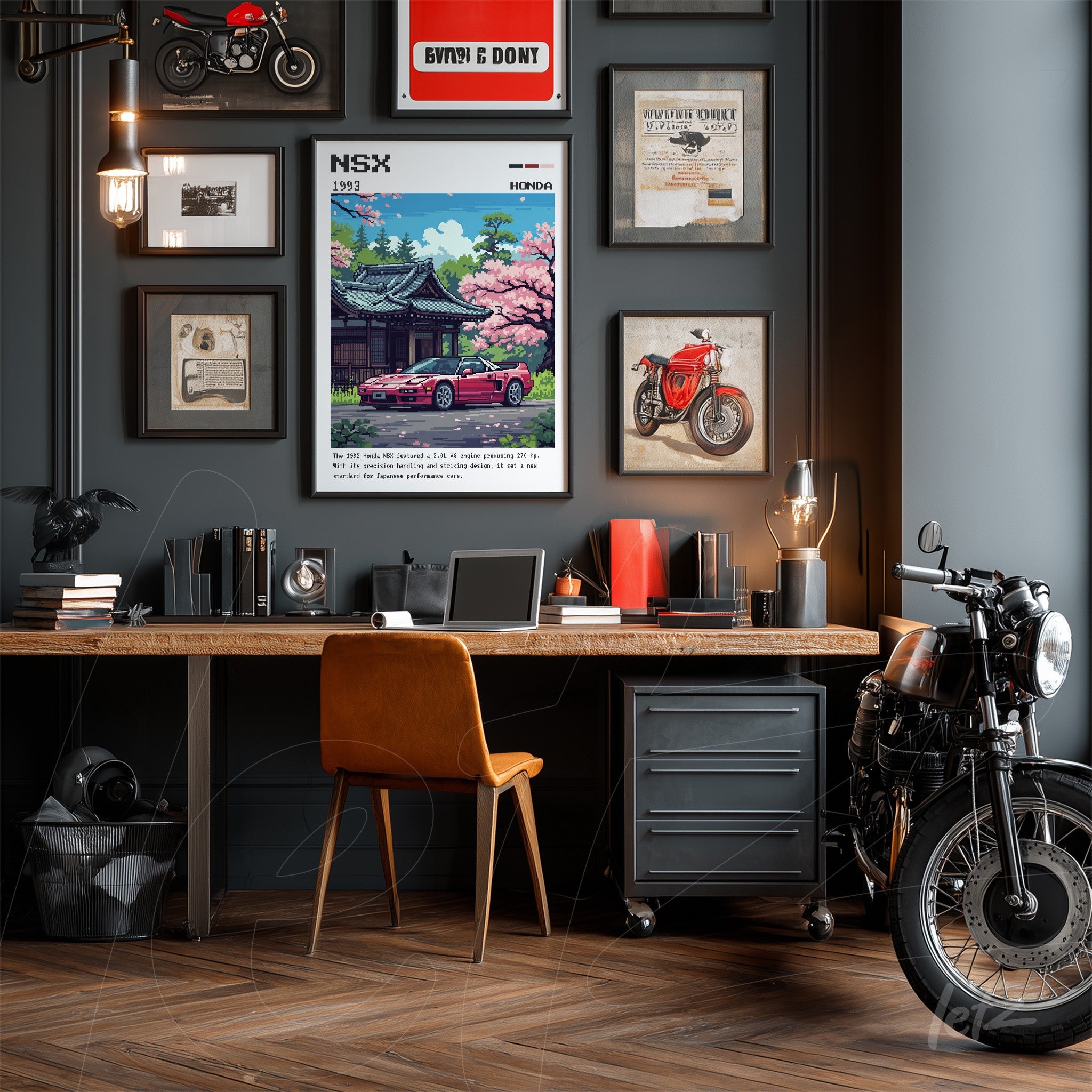 decorative wall art composition on dark wall featuring nsx 1992 car illustration in white frame with light wood desk and caramel leather chair