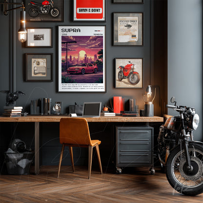 collection of automotive-themed wall art on gray wall featuring digital illustration of 1994 Toyota Supra