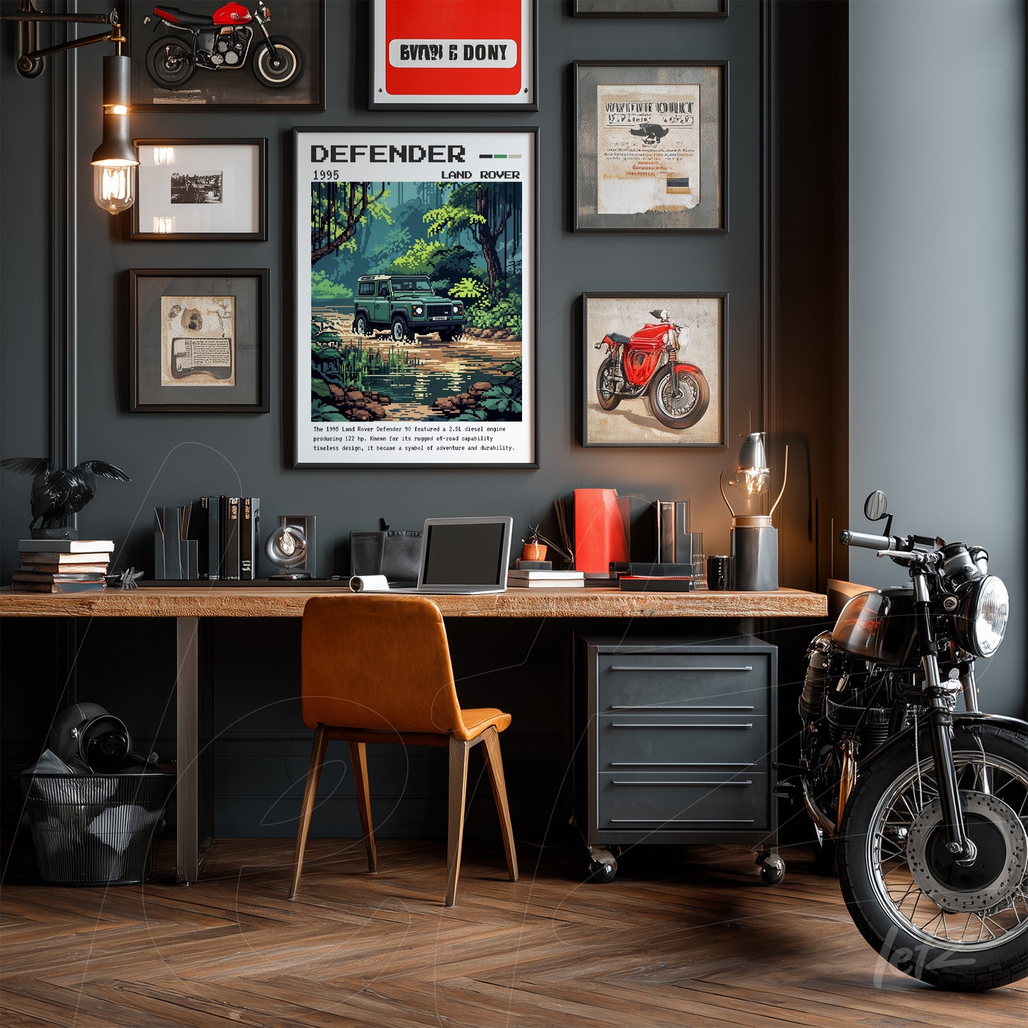 composition of vintage wall art on gray background featuring 1995 Defender vehicle illustration