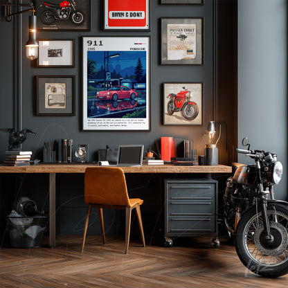 vintage art print of a 1995 Porsche 911 displayed on a gray wall, surrounded by various motorcycle and automotive memorabilia