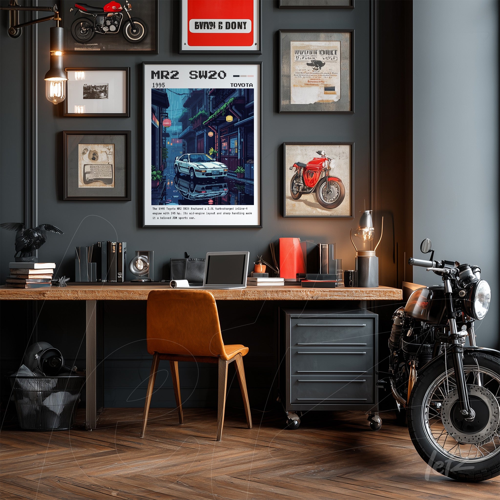 collection of framed art on gray wall in a modern interior featuring a wooden desk, including digital art of 1995 MR2 car and vintage motorcycle photographs