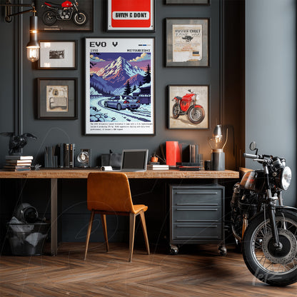framed wall art collection featuring motorcycles and mountain scenes on gray wall, with vintage items and wooden desk