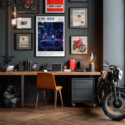 gallery wall with various framed artwork including a print of GTR R34 sports car set against a dark backdrop