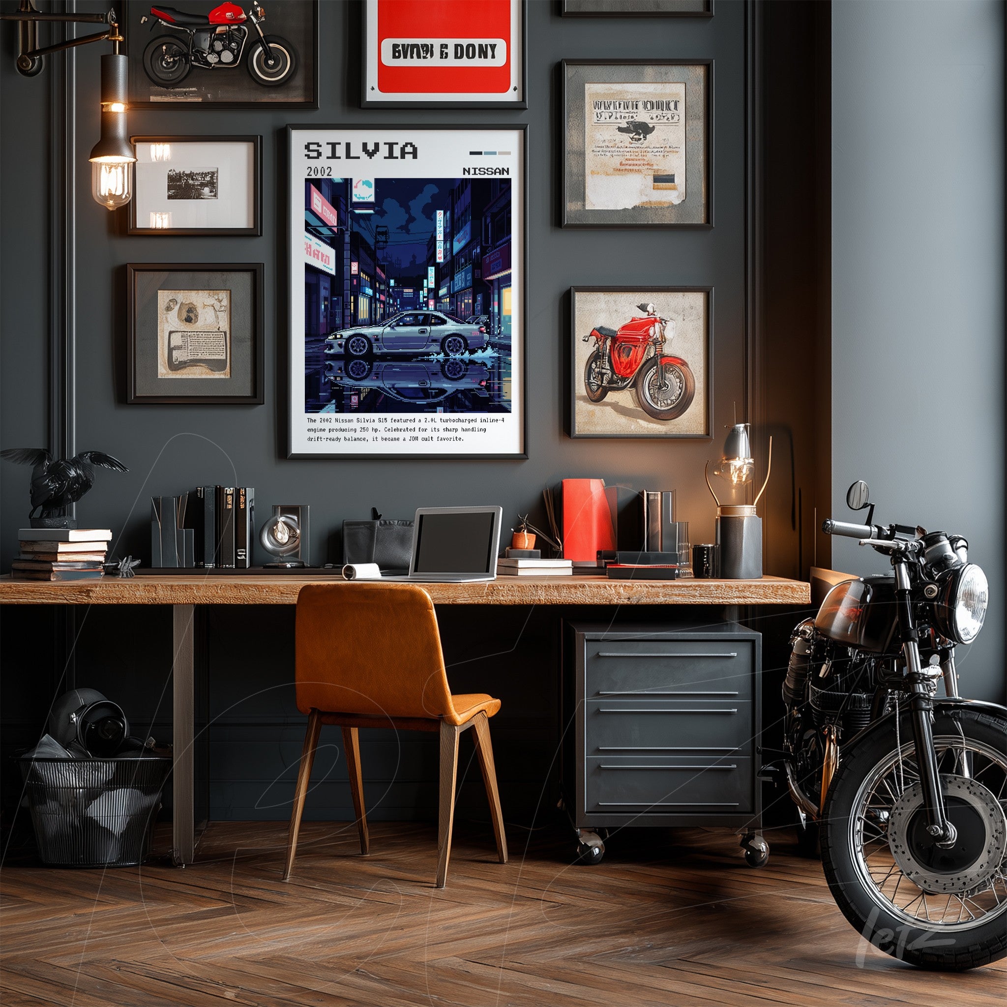 framed digital art featuring an illustration of a sports car in an urban setting displayed on a gray wall with other decorative items