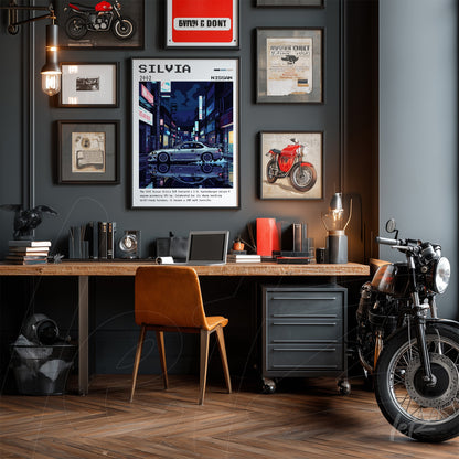 framed digital art featuring an illustration of a sports car in an urban setting displayed on a gray wall with other decorative items