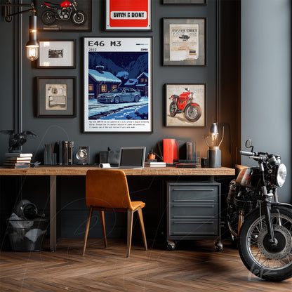 digital wall art featuring a retro style illustration of E46 M3 car displayed against a dark wall with multiple surrounding frames