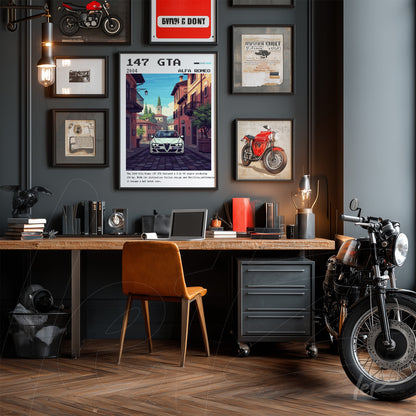 framed art print of alfa romeo 147 gta in white frame displayed in a modern office with wooden desk and vintage decor