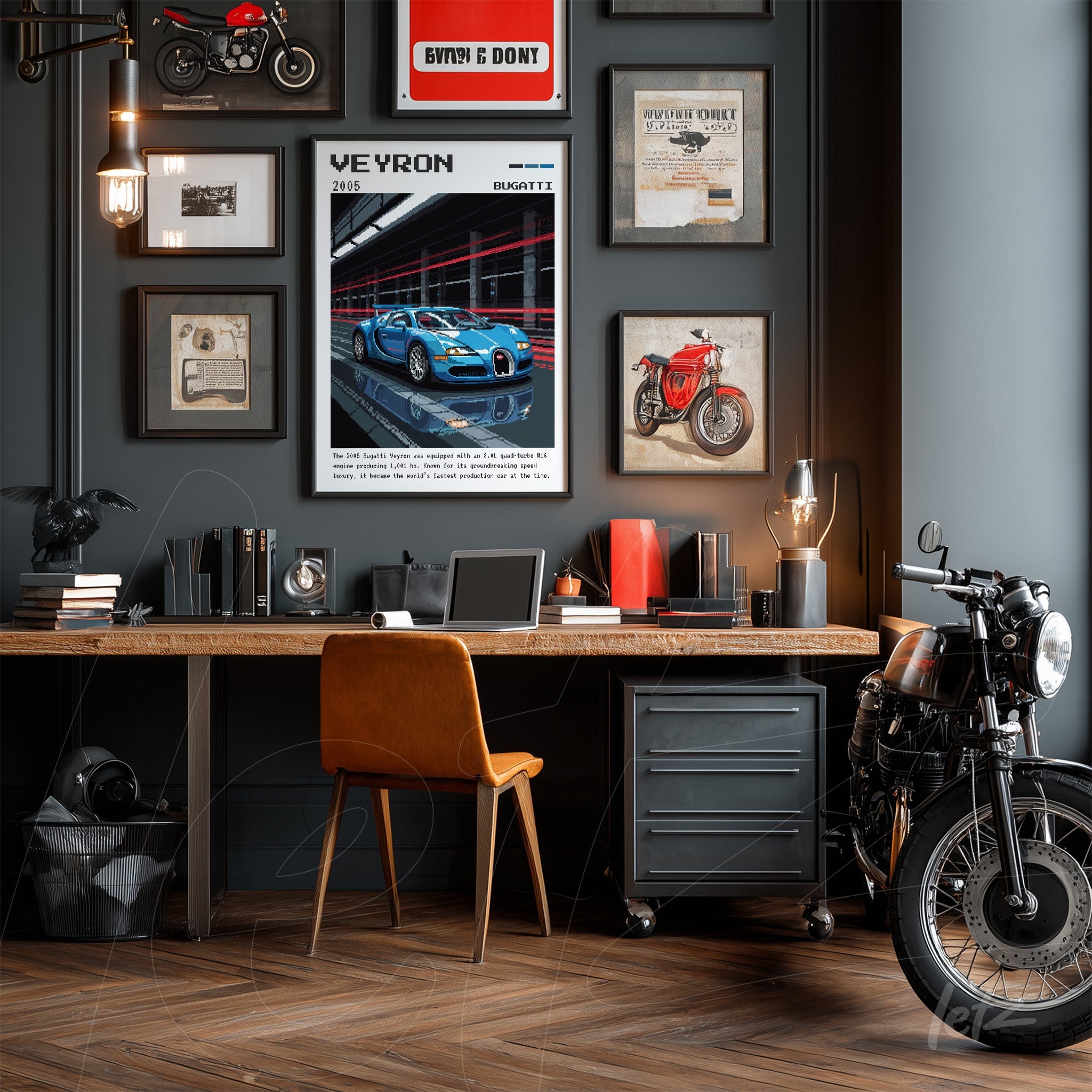 office interior featuring framed artwork of Bugatti Veyron in black frame on gray wall, wooden desk, and classic motorcycle beside