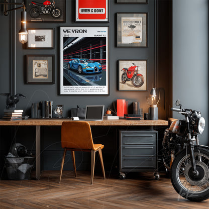 office interior featuring framed artwork of Bugatti Veyron in black frame on gray wall, wooden desk, and classic motorcycle beside