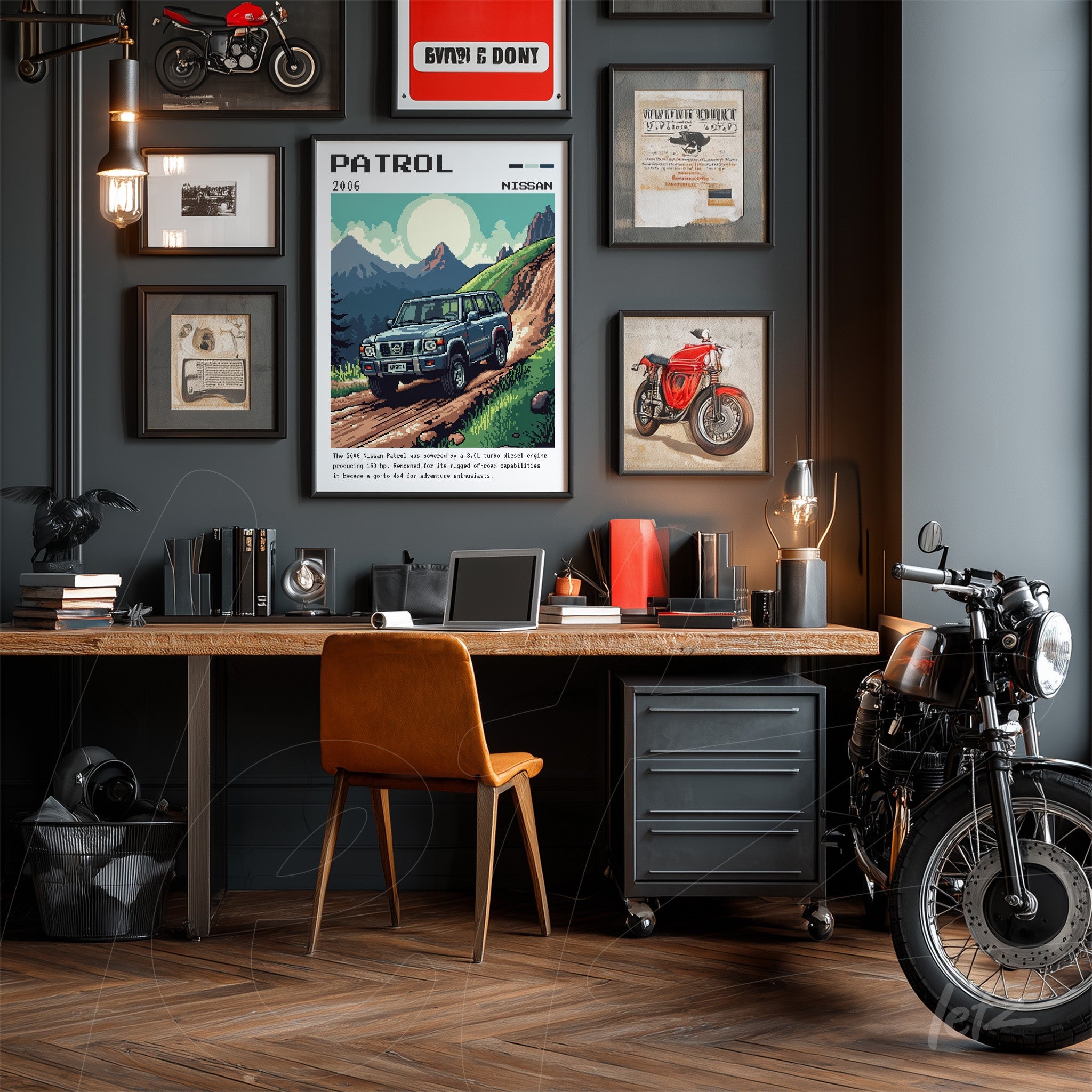 retro wall art featuring an off-road vehicle prominently displayed in a decorated office space with various frames