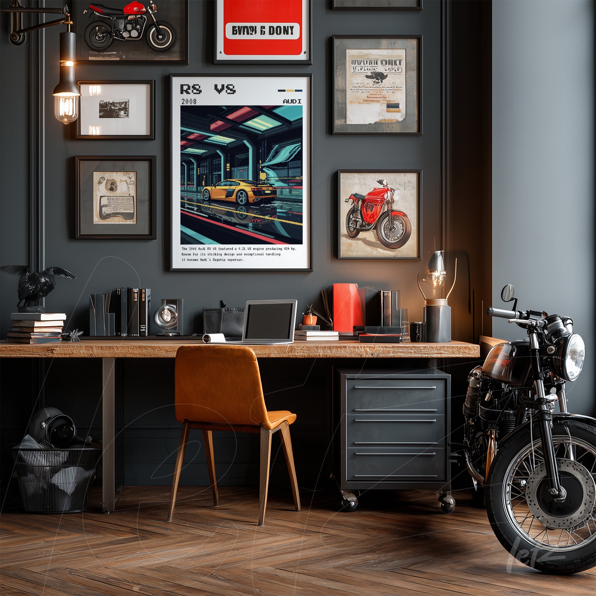vintage motorcycle and modern artwork collection on dark wall with framed sports car art in focus, wooden desk with orange chair and motorcycle beside it
