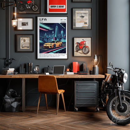 framed wall art collection featuring lexus lfa artwork and vintage motorcycle photos on gray wall