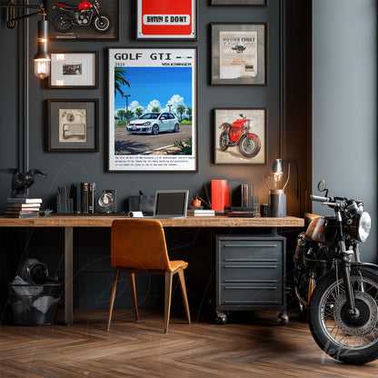 framed vintage art of Golf GTI car displayed on an industrial-style office wall with various decorative elements