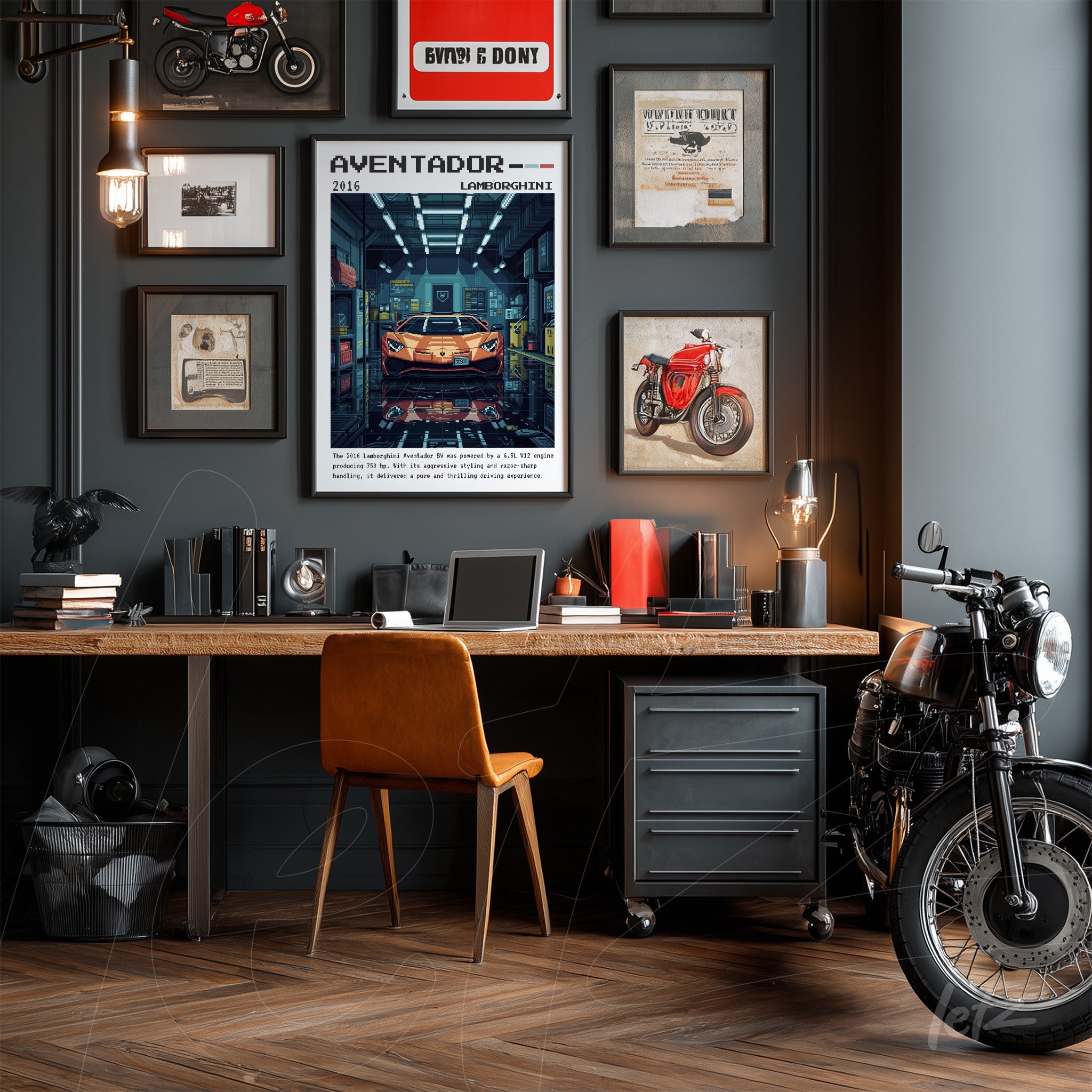 composition of wall art on a dark wall featuring a poster of the Aventador 2016 surrounded by vintage motorcycles and illustrations atop a wooden desk with a leather chair