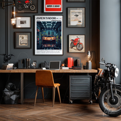 composition of wall art on a dark wall featuring a poster of the Aventador 2016 surrounded by vintage motorcycles and illustrations atop a wooden desk with a leather chair