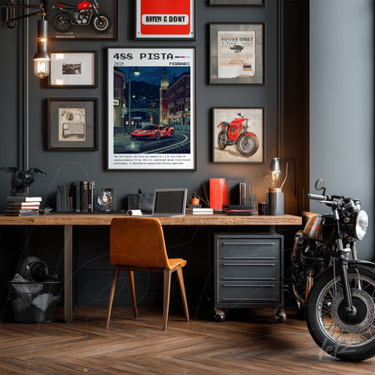 vintage wall art composition on gray wall featuring a red sports car poster with black frame, rustic wooden desk, and black motorcycle nearby