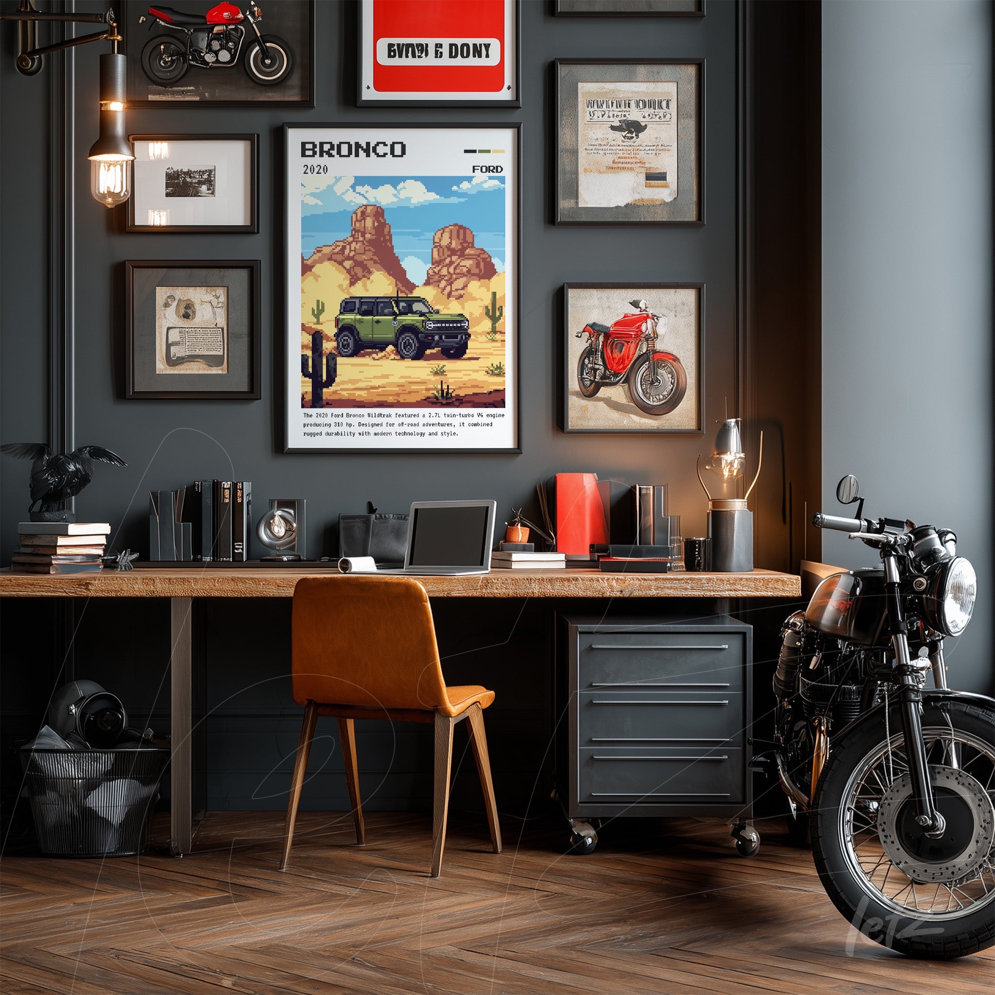collage of framed automotive themed art in a modern office including a ford bronco print in a light frame and various motorcycle photographs and vintage items